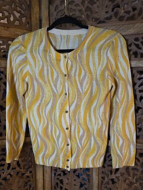 J. Crew Yellow and White Wave-Pattern Cardigan